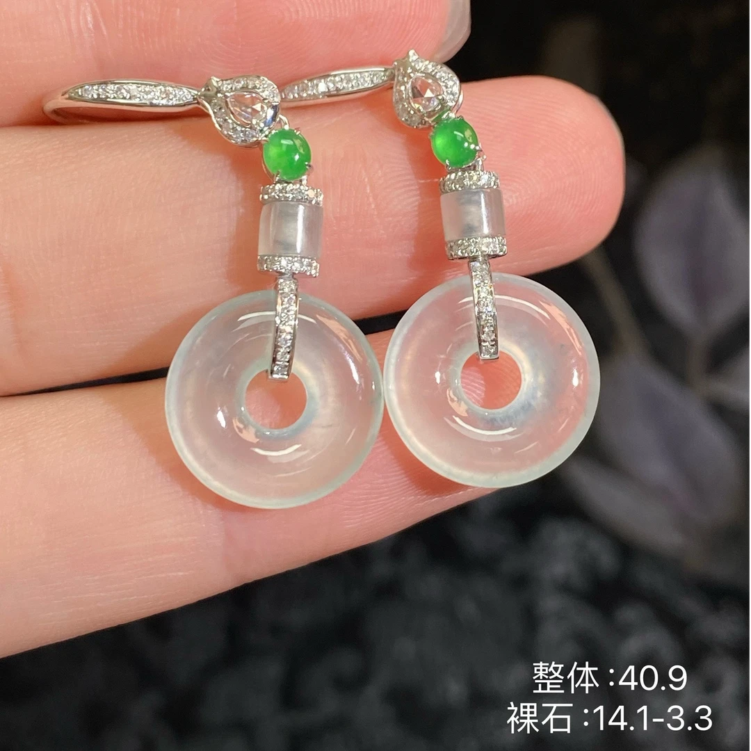 18K金镶嵌天然缅甸翡翠A货白冰甜甜圈耳坠