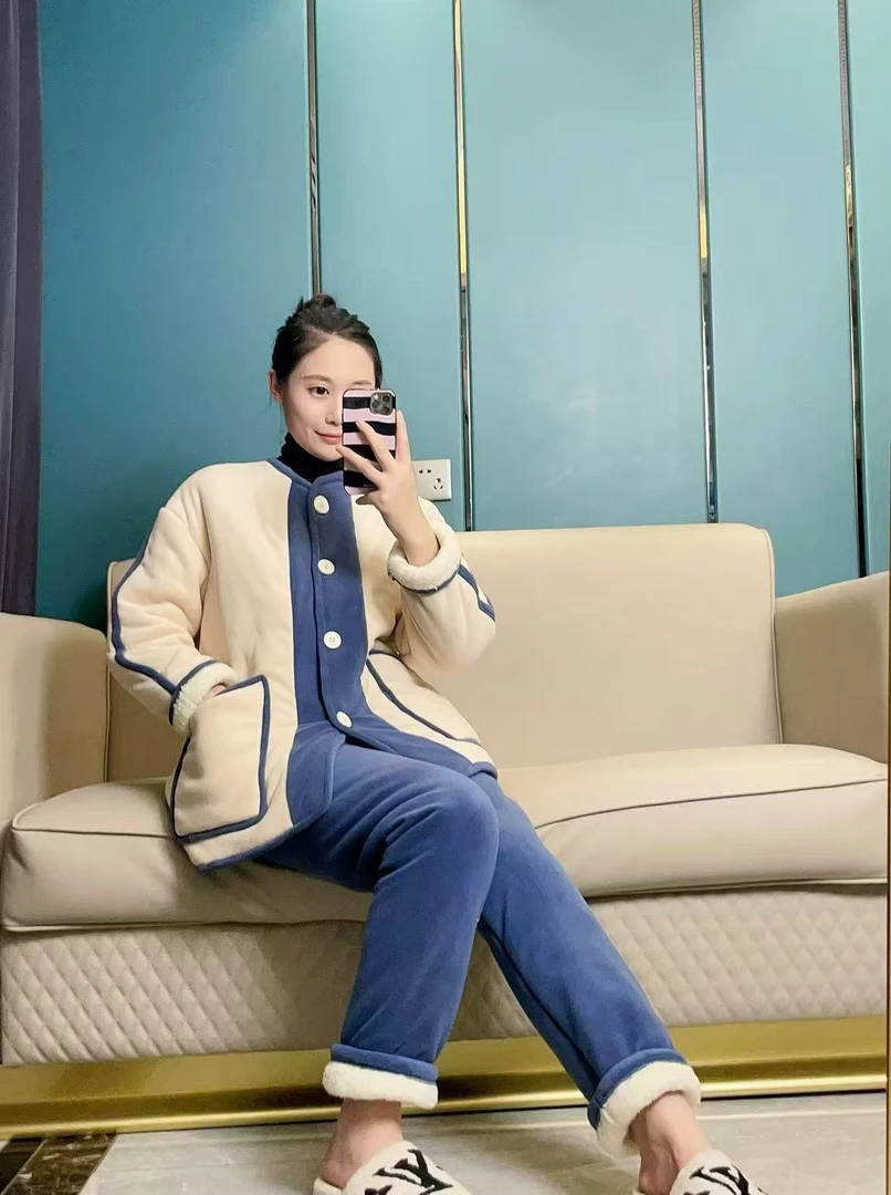 冬季三层加厚家居服无领时尚韩版套装保暖简约秋冬舒适