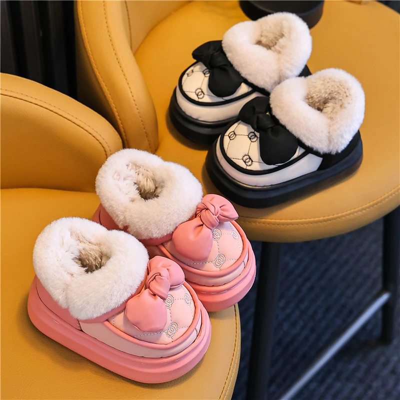 儿童棉拖鞋女童冬季加绒防水小孩保暖居家中小童包跟女宝宝毛棉鞋