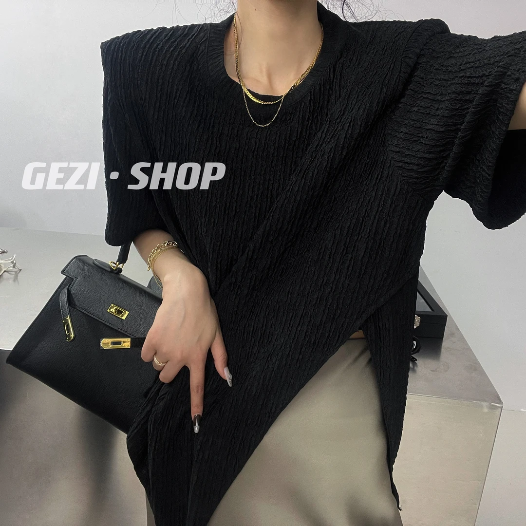 鸽子SHOP【黑金搭配】时尚百搭设计师夏显瘦小众轻奢圆领t恤小衫