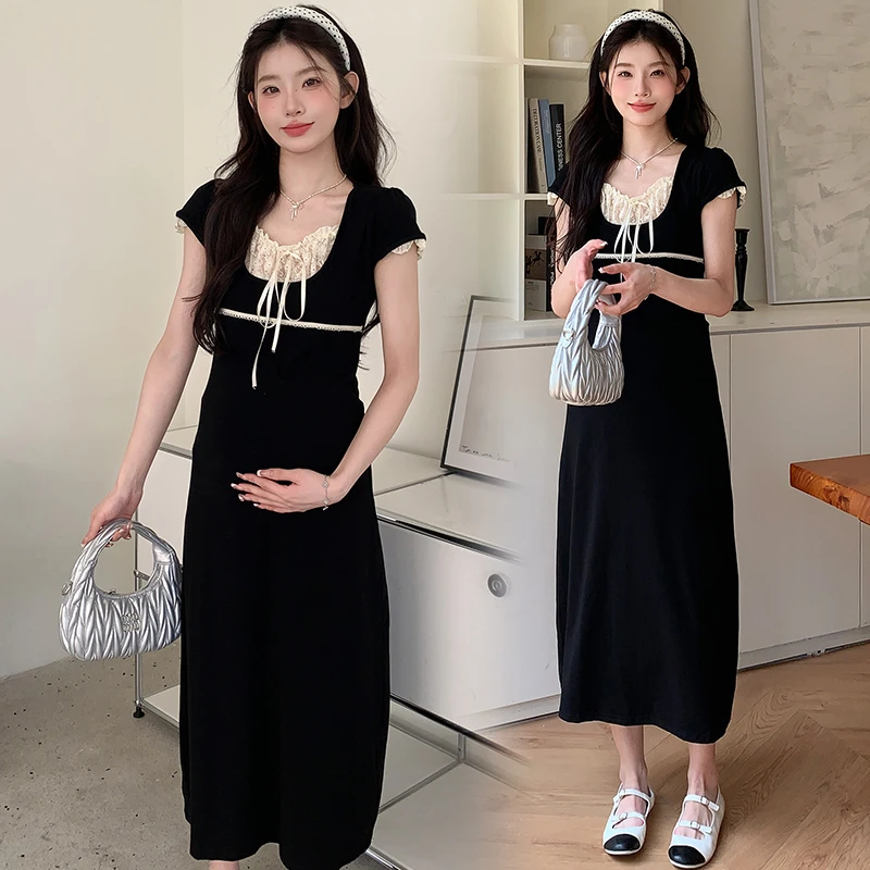 孕妇装夏款设计感时尚蕾丝拼接系带连衣裙百搭修身弹力A字黑长裙
