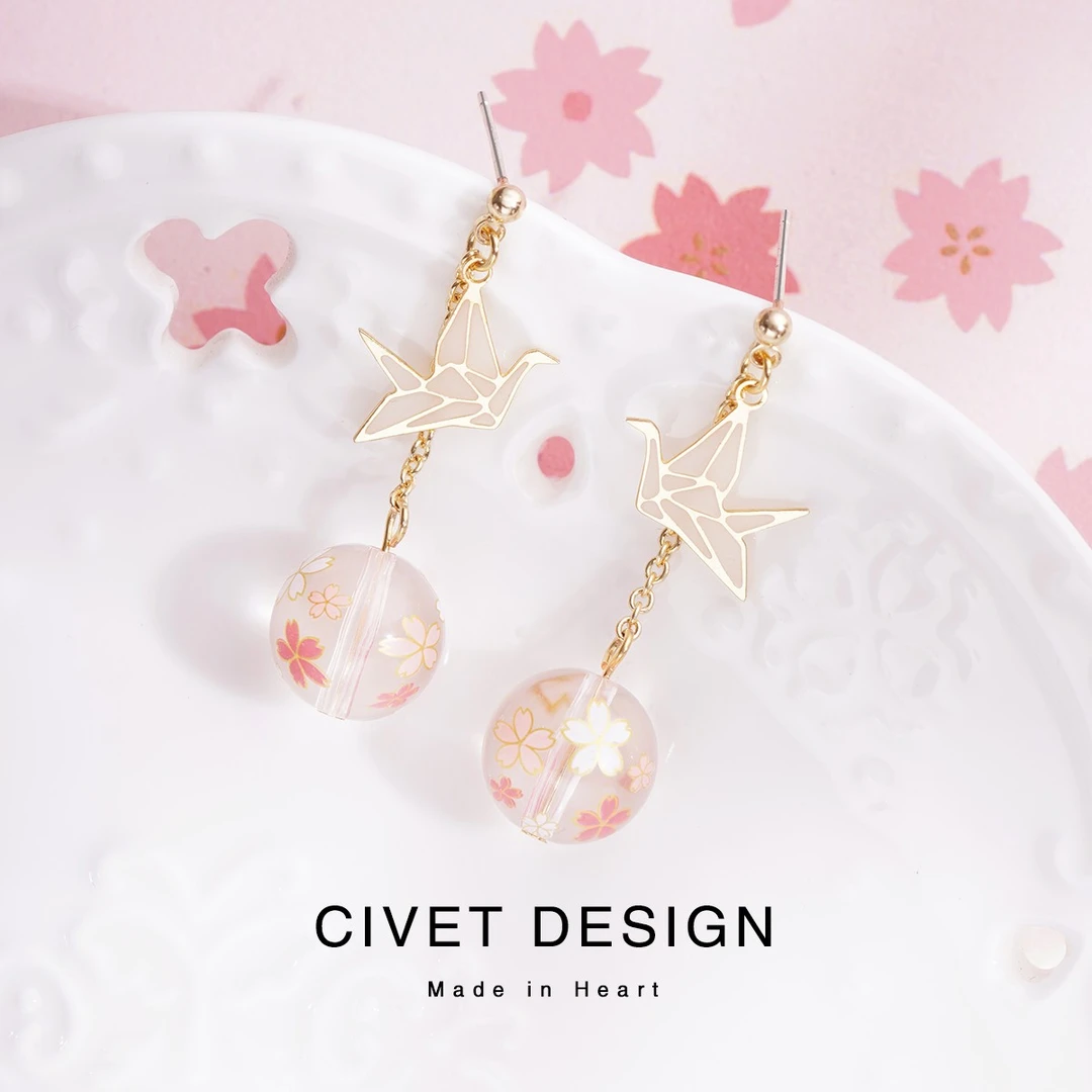 合金耳饰 日系樱花千纸鹤耳环甜美学生纯银耳钉森系春季少女耳夹