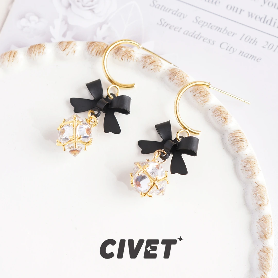 合金耳饰 甜酷风闪亮黑色蝴蝶结耳环女甜美可爱耳钉