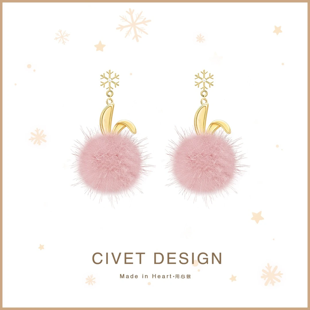 合金耳饰 原创2023兔年毛球耳环可爱毛绒秋冬纯银耳钉雪花耳夹女
