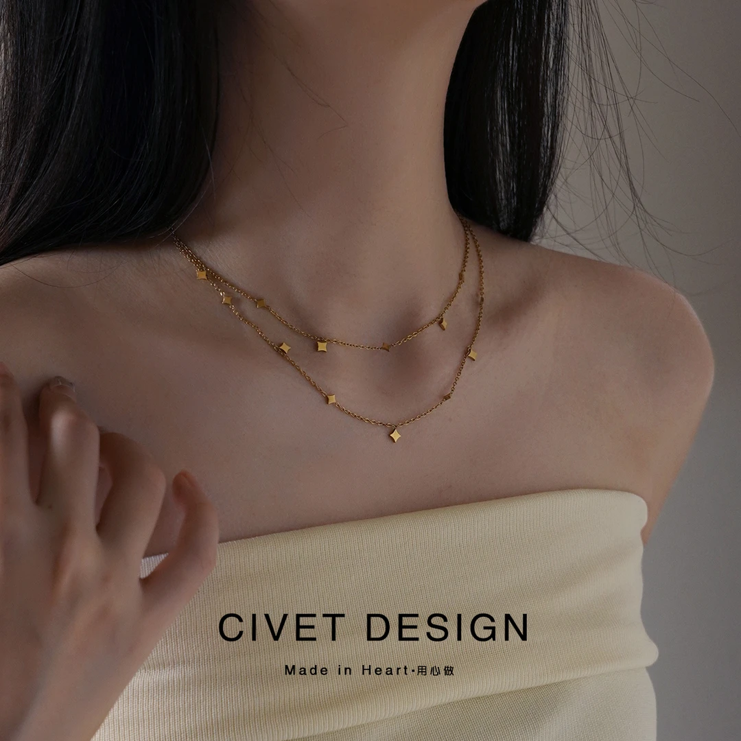 钛钢项链 气质四芒星项链女满天星秋冬简约素链叠戴毛衣链锁骨链