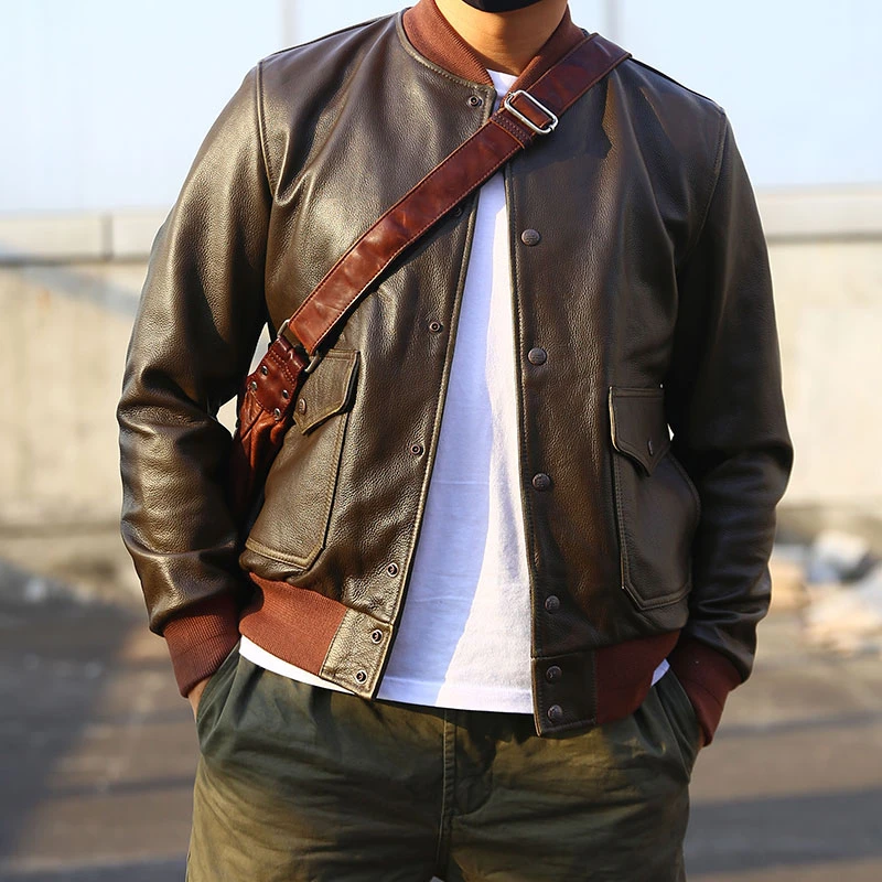 A1飞行员皮夹克 茶芯头层黄牛皮 橄榄绿单排扣修身短款机车皮衣男