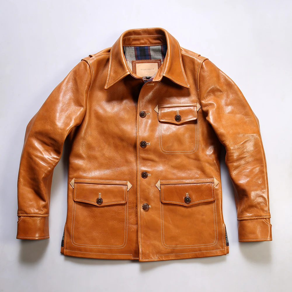 司闸员 1.5mm油蜡头层牛皮 复古翻领短款机车皮夹克 男 真皮皮衣