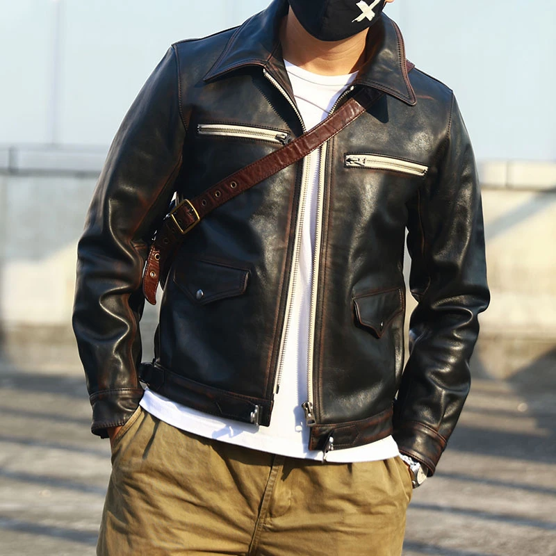 德飞空军飞行服 茶芯A级马皮 翻领高腰短款机车皮夹克男皮衣外套