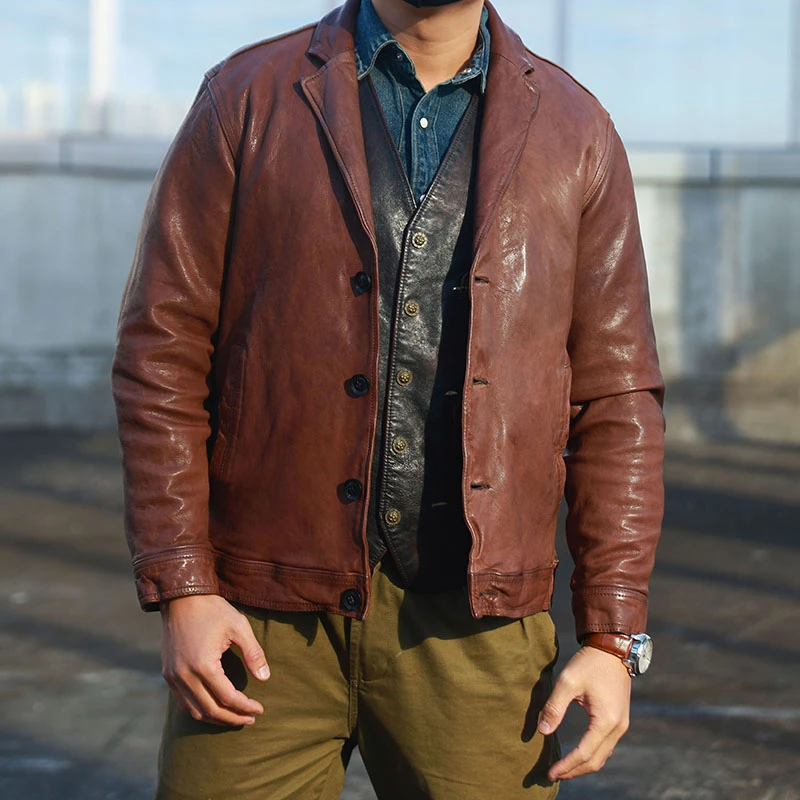 阿美咔叽 1.2mm无涂水染植鞣绵羊皮复古修身休闲西服男西装领皮衣