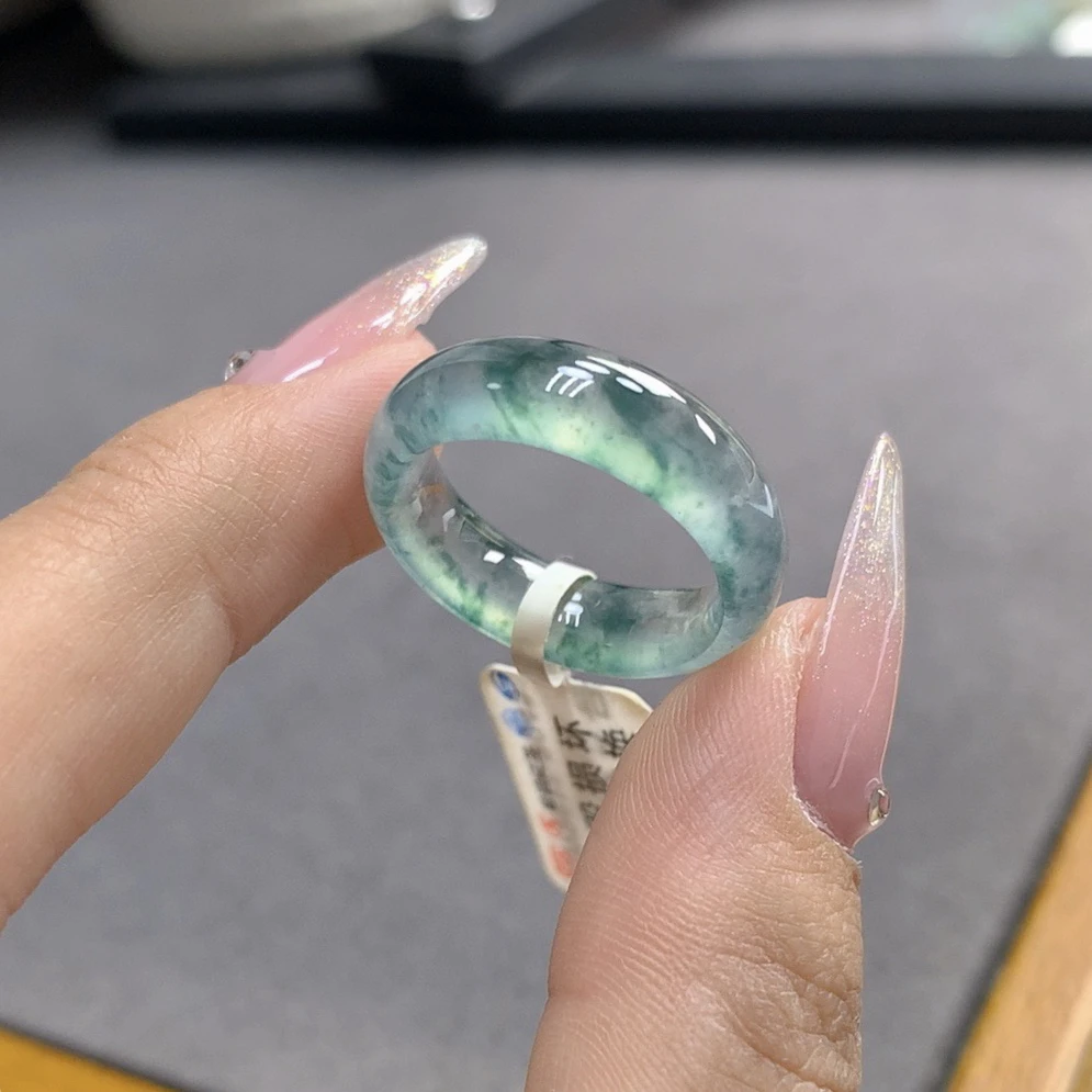 12-13圈口 天然缅甸A货翡翠 冰玻底蓝钢飘蓝花戒圈