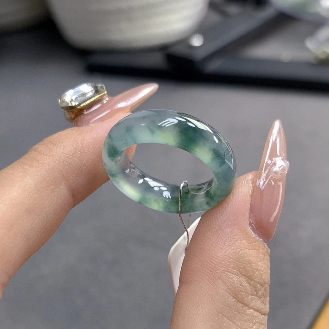 13圈口 天然缅甸A货翡翠 高冰种水飘蓝花戒圈