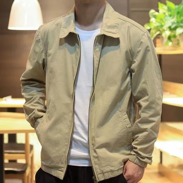 春秋男士高端大气时尚简约纯棉纯色商务休闲上班宽松翻领夹克外套