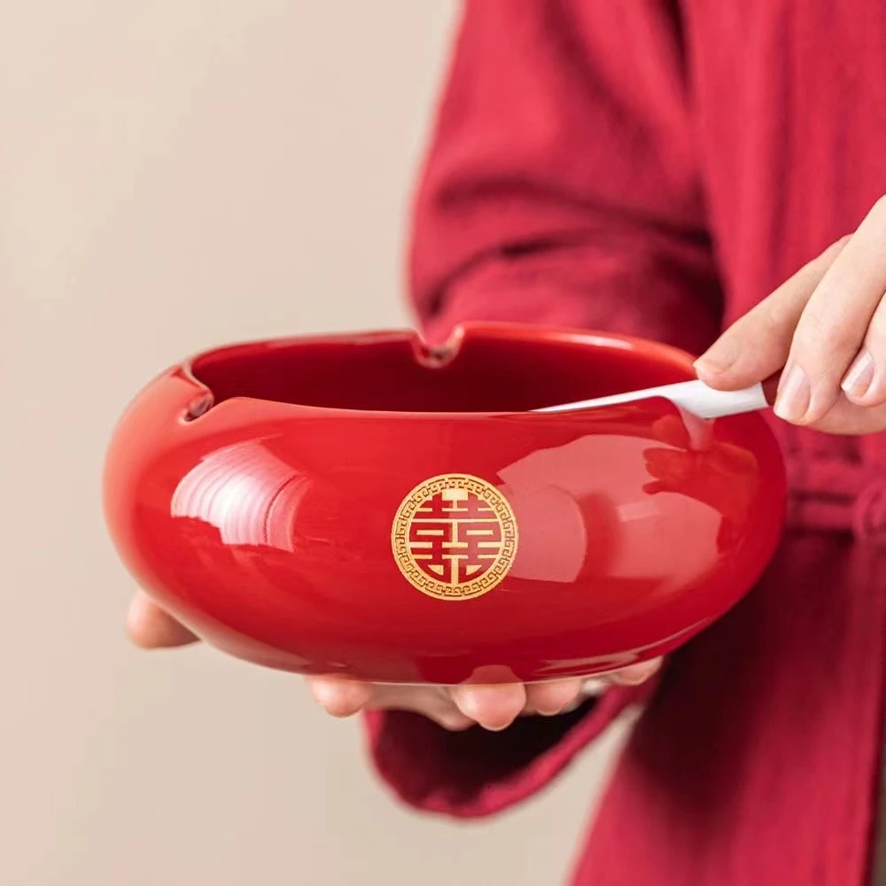 婚庆用品双喜红色烟灰缸创意陶瓷个性潮流结婚烟缸家用客厅婚礼