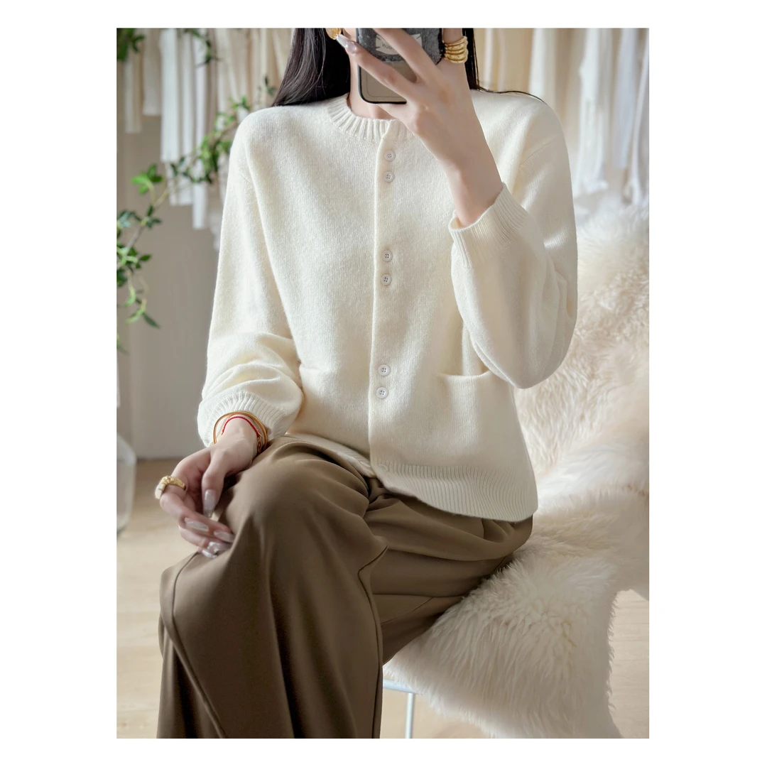 【XINNIAO】100%绵羊毛针织衫开衫纯色圆领上衣秋冬保暖毛衣