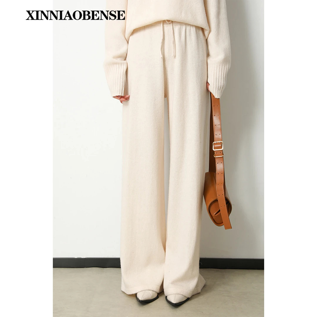 【秋日省心穿搭】100%针织阔腿休闲裤抽绳纯色针织厚款长裤高级质感