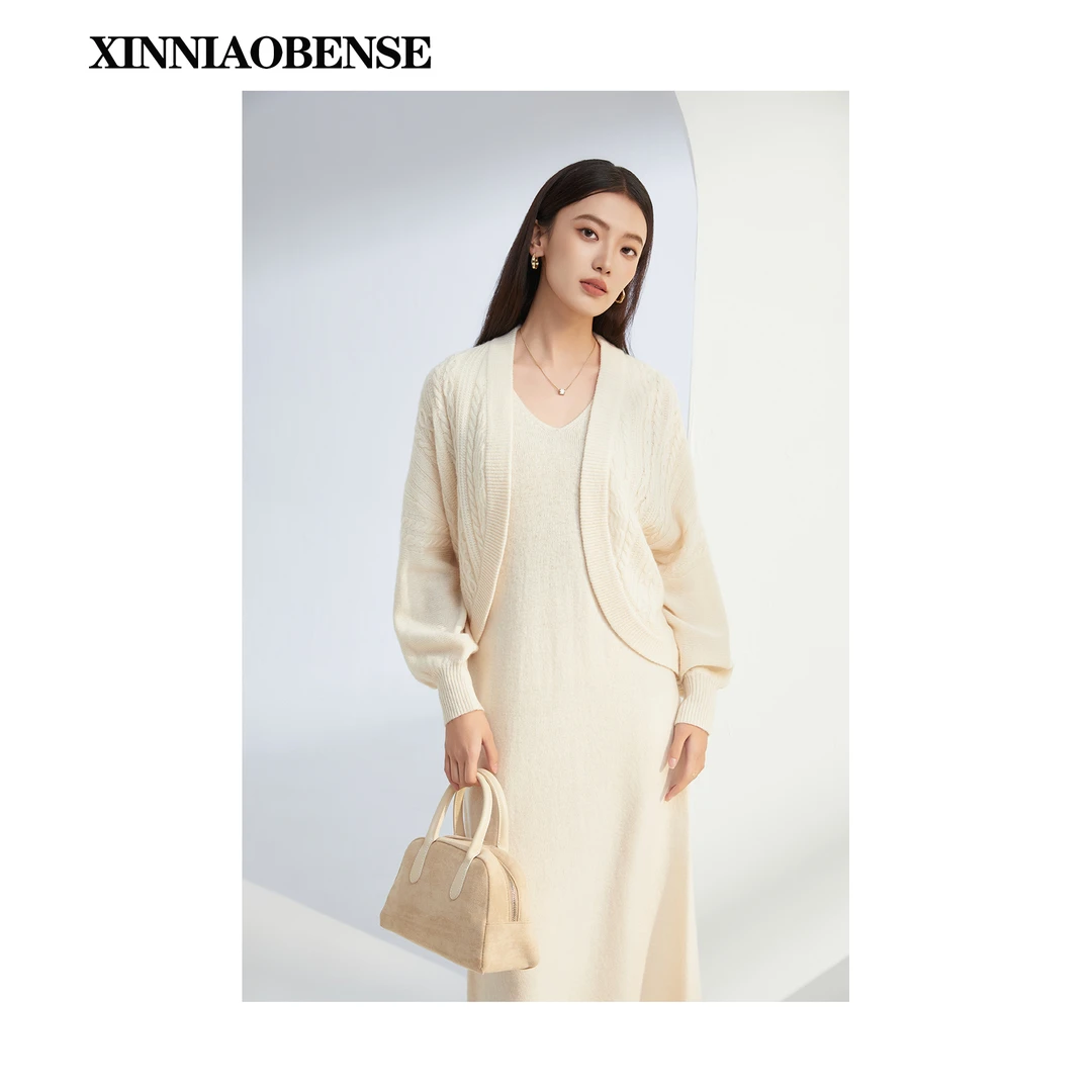 【心鸟本色】百分百绵羊毛中长款马甲连衣裙套装显瘦针织开衫与