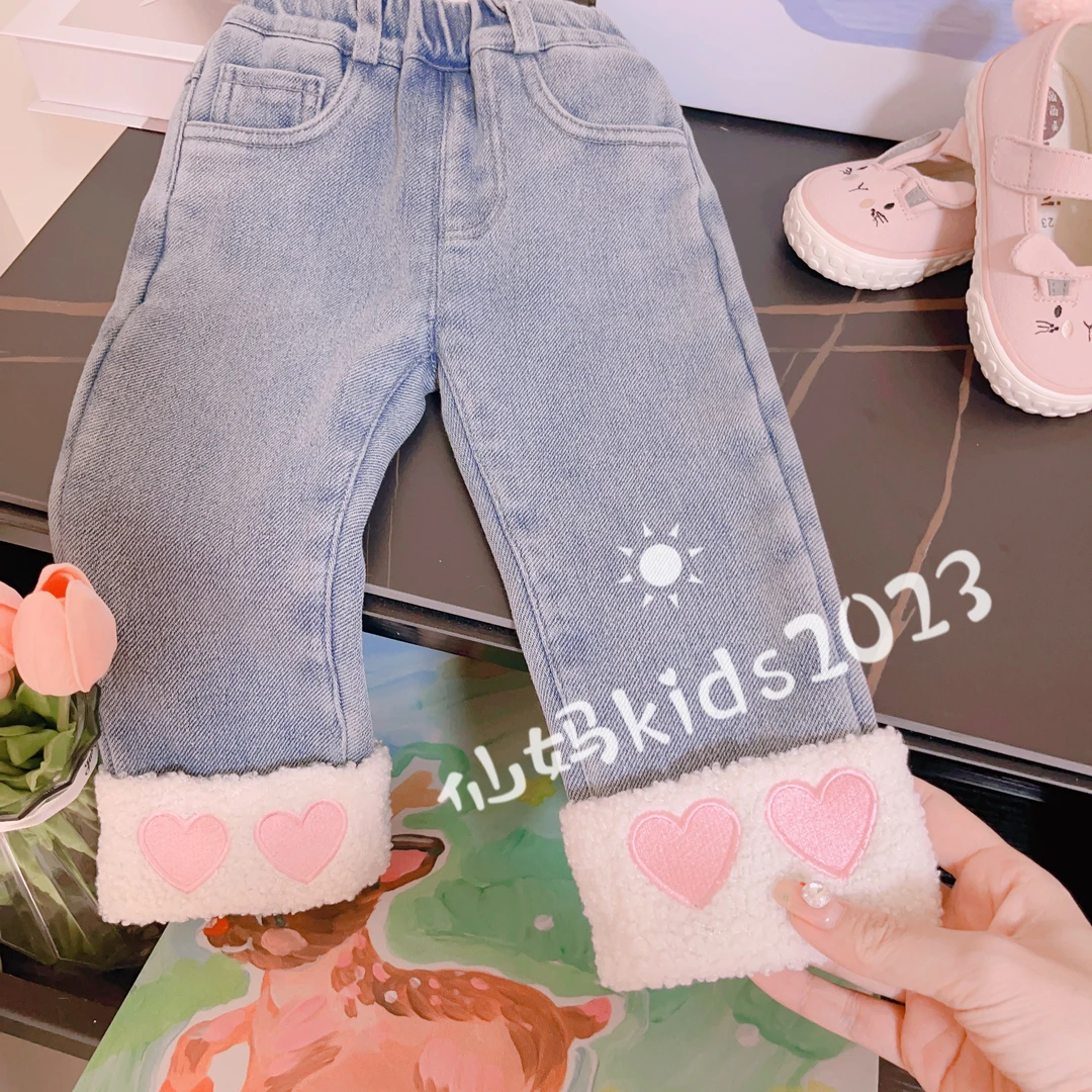 【RE046】2023年冬季新款爱心女小童加绒牛仔裤