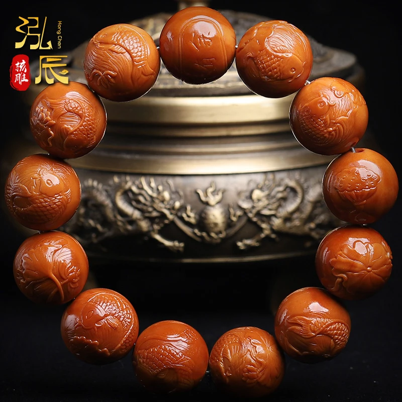 橄榄核雕连年有余荷花鱼荷韵鲤鱼戏莲花正圆光珠手工雕刻手串文玩
