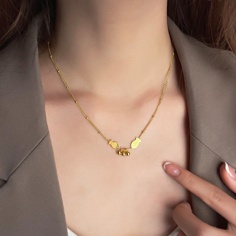 钛钢项链 双鱼圆珠吊坠项链百搭新款小众设计高级感精致锁骨链112