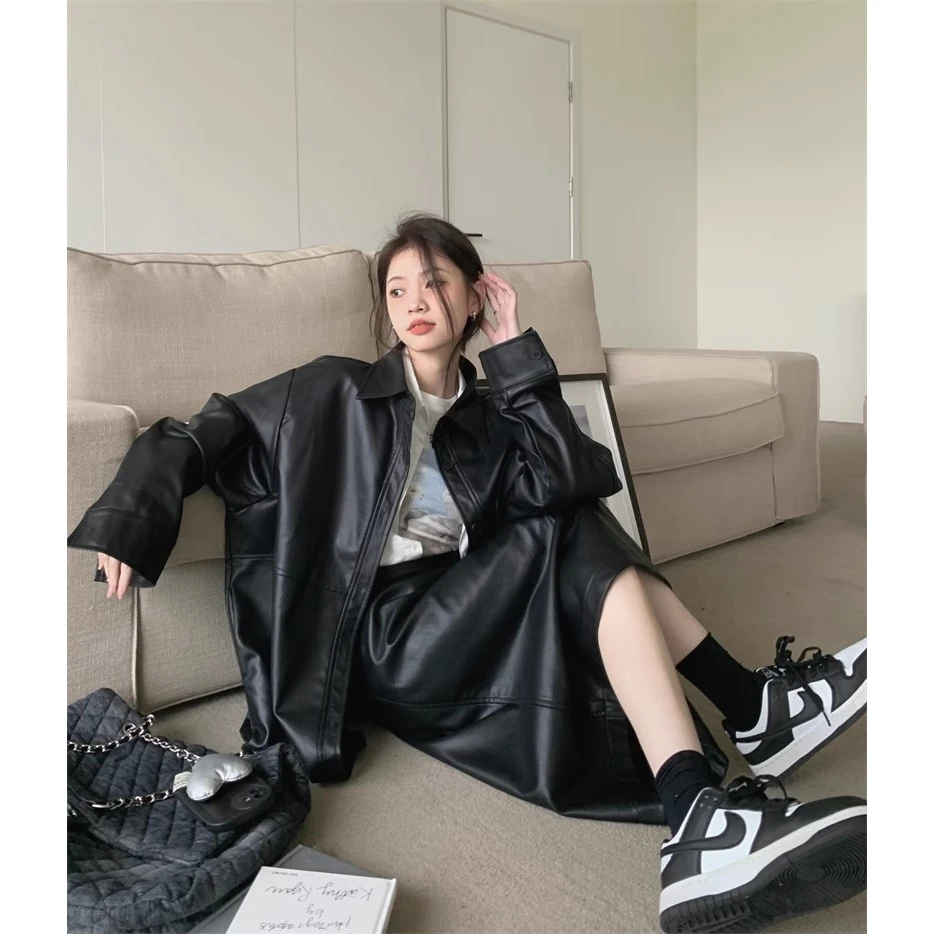 2023秋季时尚套装PU皮衣夹克外套女早秋高腰显瘦直筒半身裙两件套