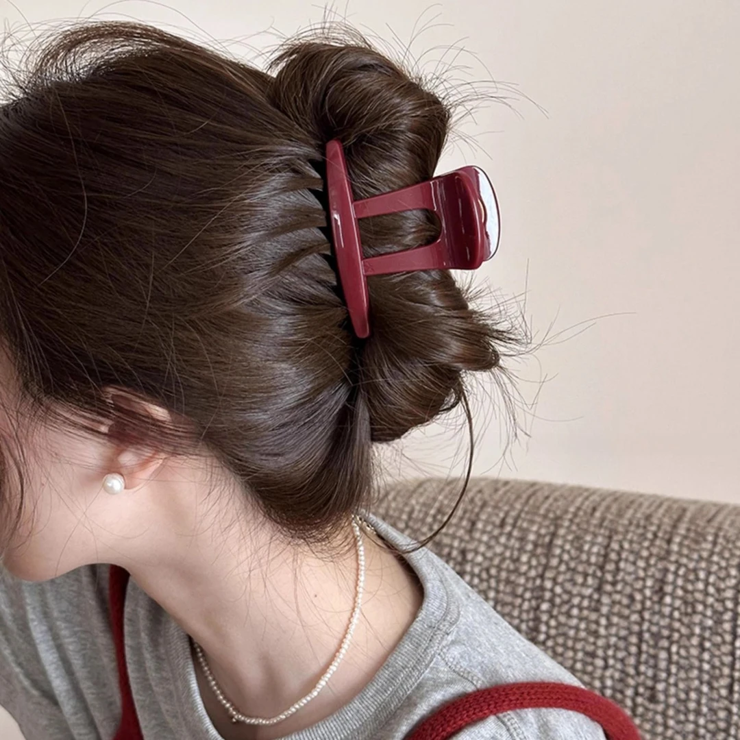 安可拉红蝴蝶结抓夹中号简约后脑勺盘发夹子半扎发鲨鱼夹发卡头饰