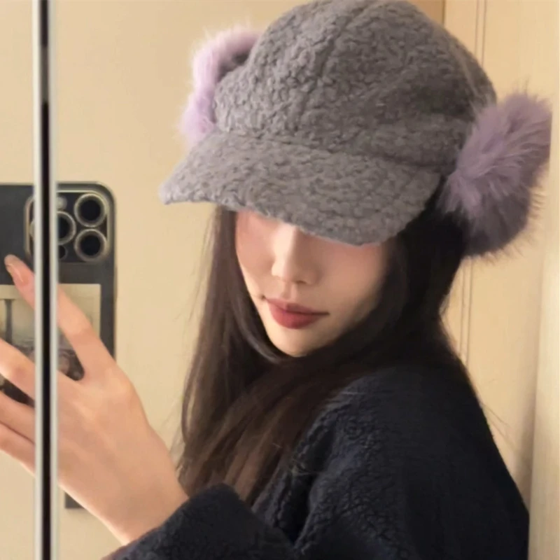 【章鱼梦】摇粒绒长毛拼色棒球帽子女冬季加厚保暖护耳滑雪雷锋帽男