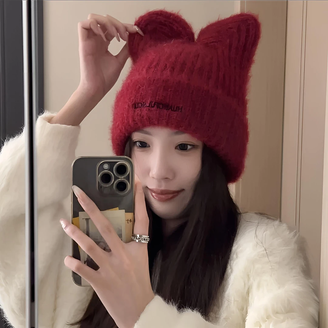 【章鱼梦】可爱猫耳朵针织毛线帽子女红色毛茸茸保暖包头冷帽显脸小