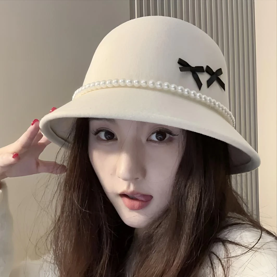 【章鱼梦】珍珠蝴蝶结渔夫帽子女法式赫本风气质礼帽轻奢羊毛呢毡帽