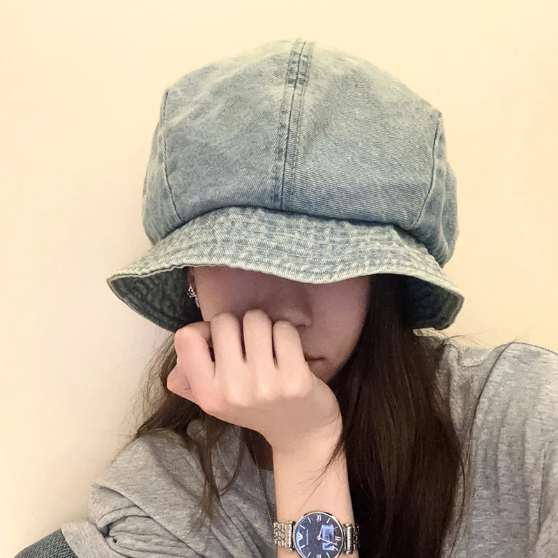 【章鱼梦】水洗牛仔蓝色渔夫帽子女大头围云朵帽显脸小素颜短檐盆帽