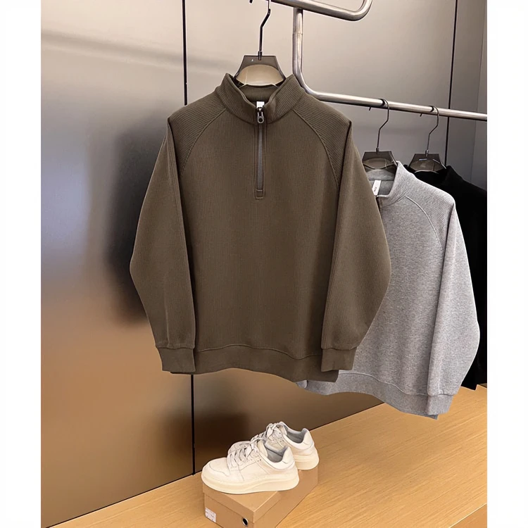 秋冬新款纯色简约坑条纹肌理半拉链上衣宽松休闲阔型立领卫衣男潮