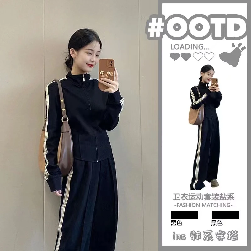早春运动套装女春夏2023韩版宽松显瘦时尚洋气休闲两件套跑步黑色
