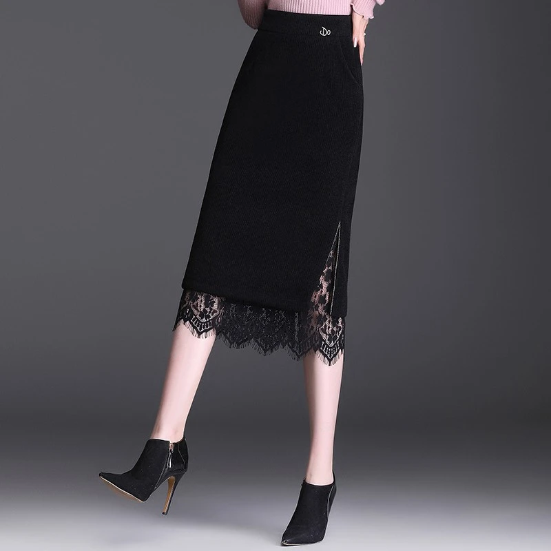 水貂绒半身裙女秋冬2024新款高腰显瘦包臀裙中长款蕾丝开叉一步裙