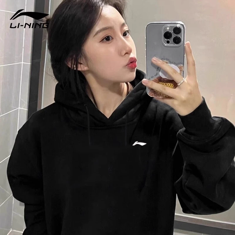李宁连帽卫衣女2024夏新款情侣同款美式套头简约休闲运动上衣男士
