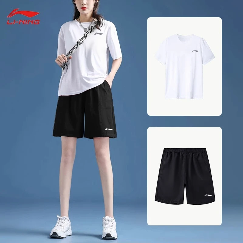 李宁速干运动套装女夏季宽松透气短袖短裤女款运动服薄款跑步套装