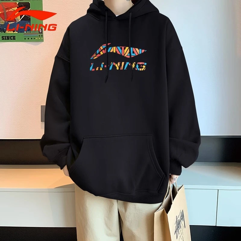 李宁黑色连帽卫衣男子春季2025宽松运动服潮流刺绣百搭卫衣套头衫