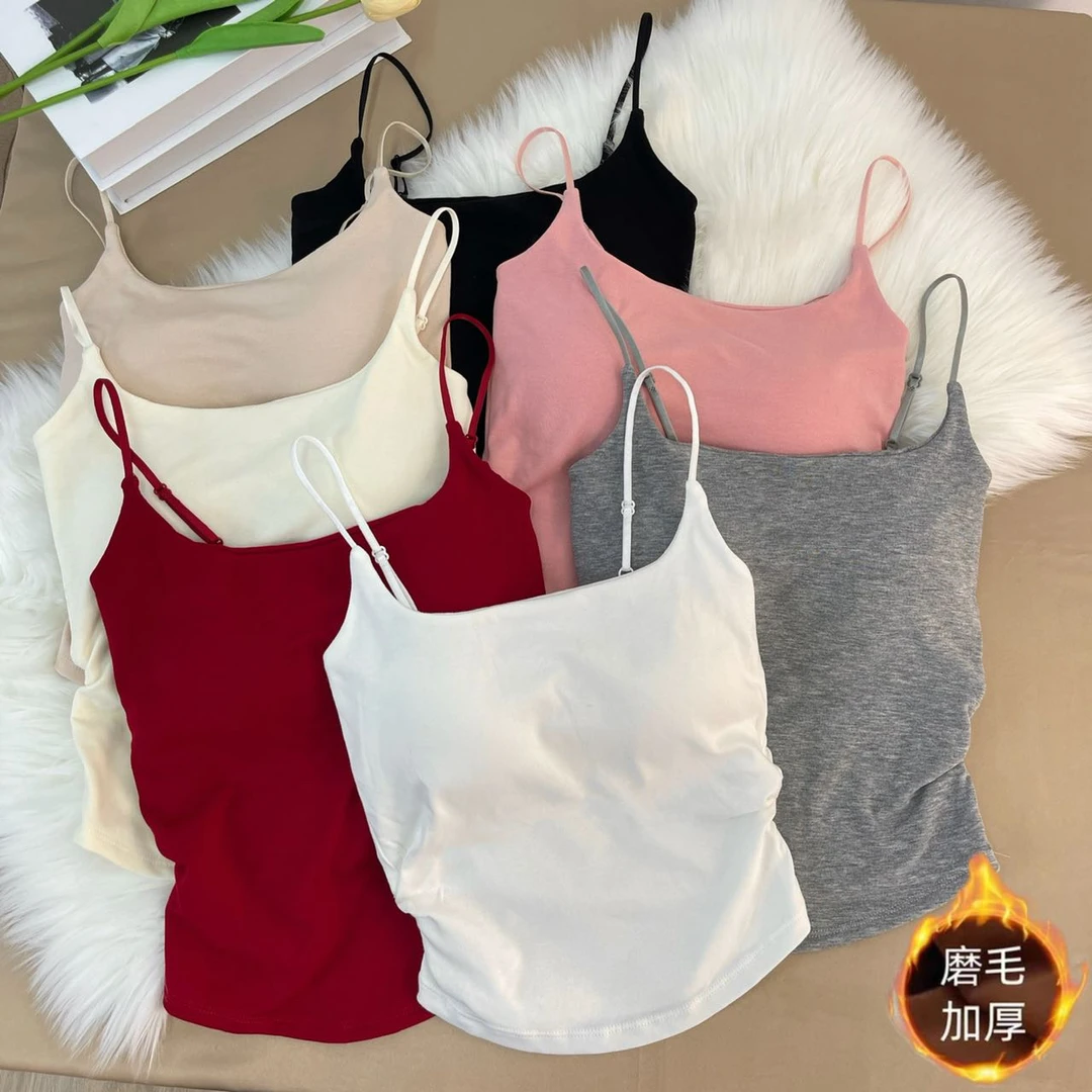 加绒加厚 不透纯色外穿打底吊带 可调节肩带褶皱百搭简约修身美背