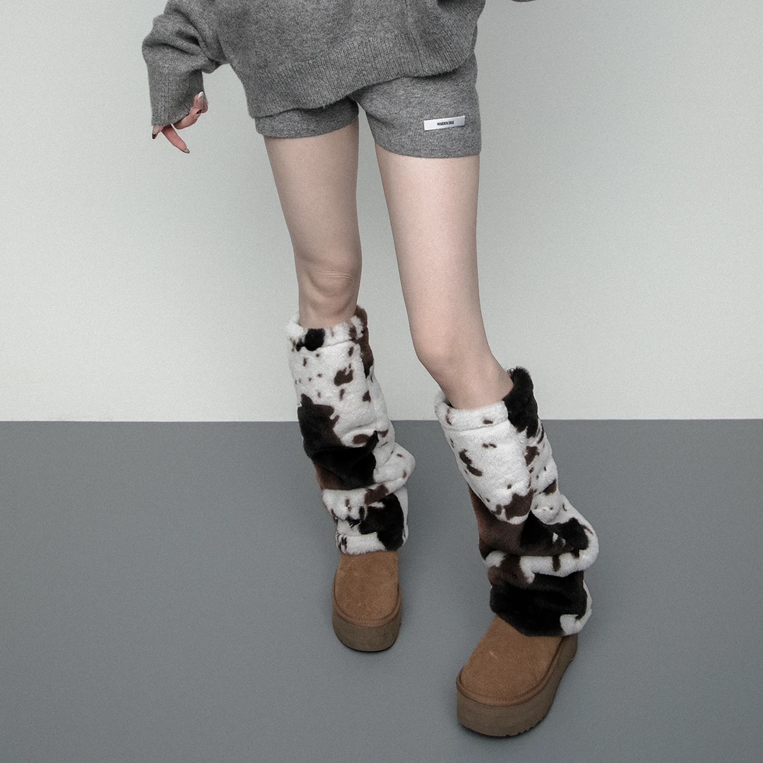 WCH秋冬奶牛斑纹动物纹毛绒加厚保暖仿皮草堆堆袜套腿套女ins潮