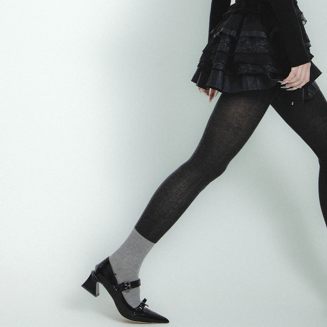 SS2L初秋拼色假两件镂空竖纹针织miu系少女半透明连裤袜打底袜女