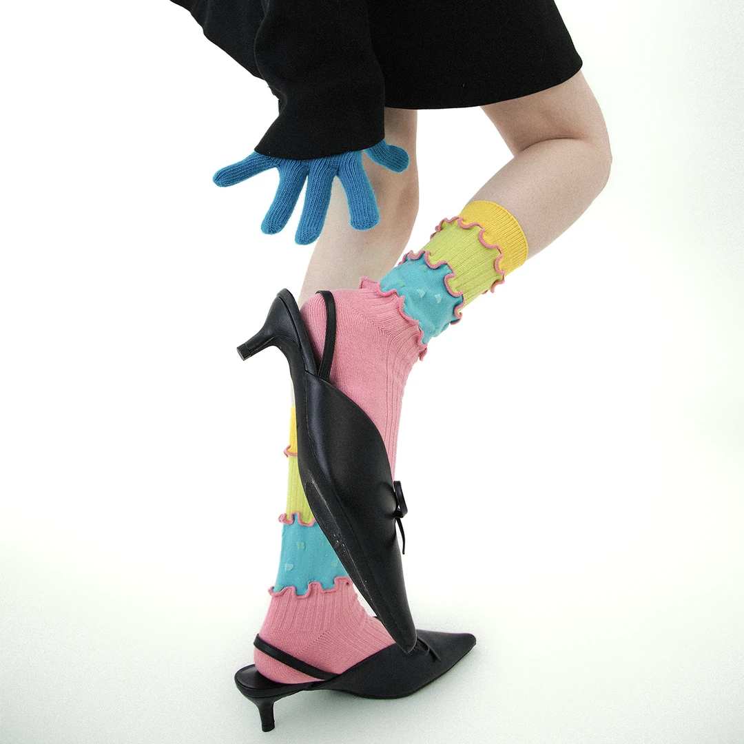 春夏多巴胺分层拼接马卡龙色波浪花边甜妹中筒袜子女ins潮