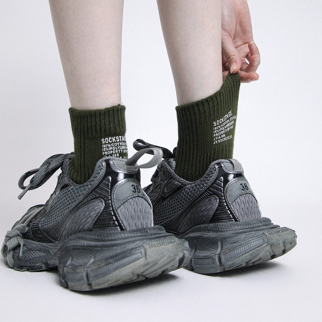 春夏纯色粗线粗针双针印花日系户外运动工装风棉短筒袜子女