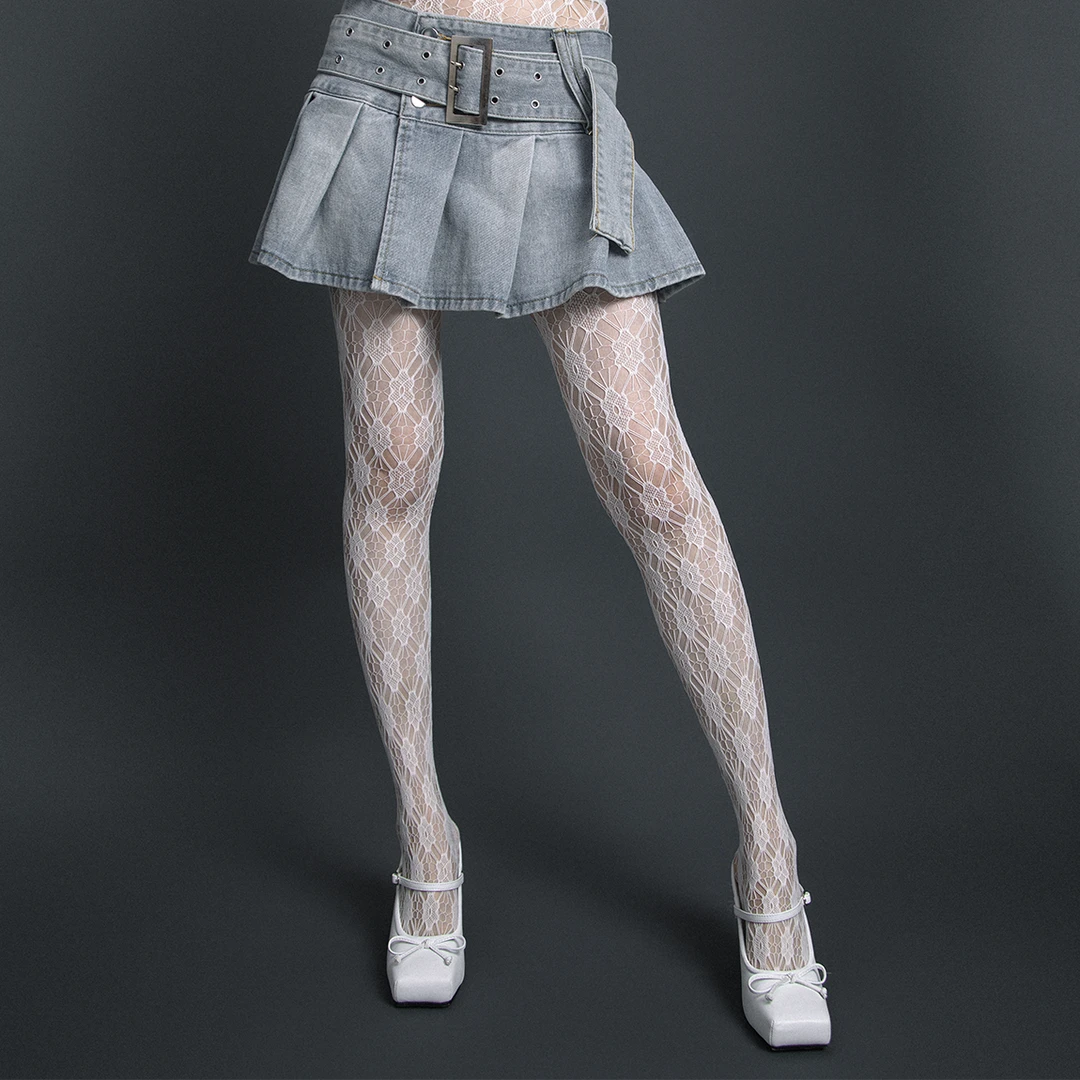 春夏白色花朵镂空提花网眼千禧辣妹渔网连裤丝袜女ins潮