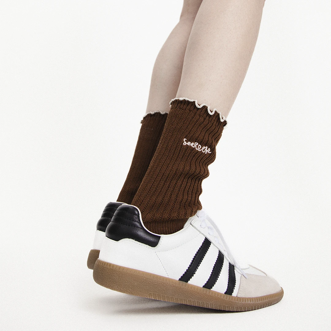 春夏粗线双针复古运动风波浪花边少女慵懒堆堆袜中筒袜子ins