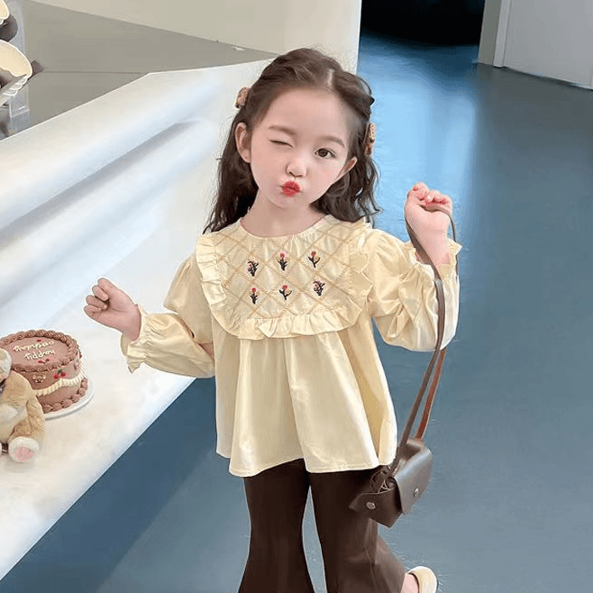 女童娃娃领衬衫套装宝宝春季韩版洋气长袖上衣和裤子组合女宝时髦