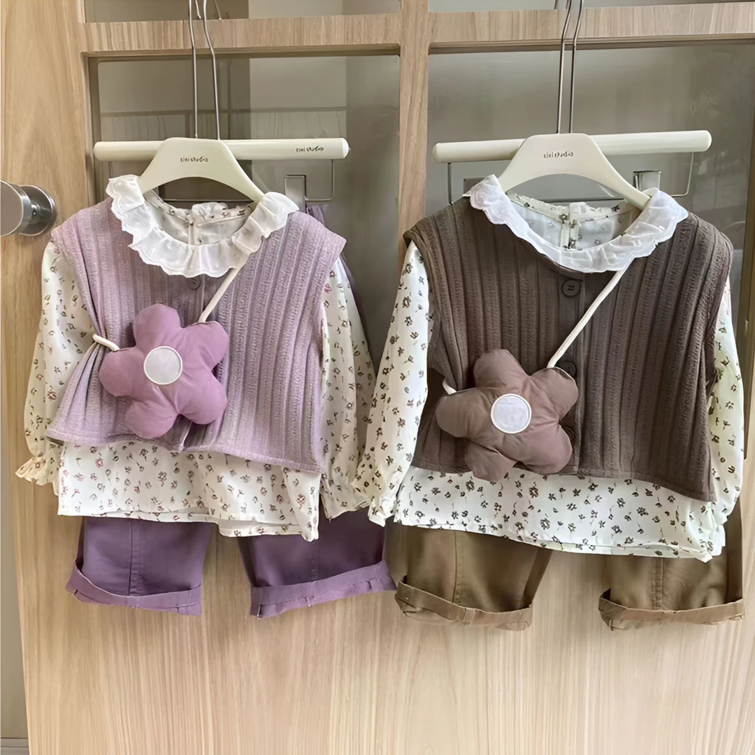 【三件套】女童秋季长袖打底衫长裤子马甲女宝可爱花领衬衫套装潮