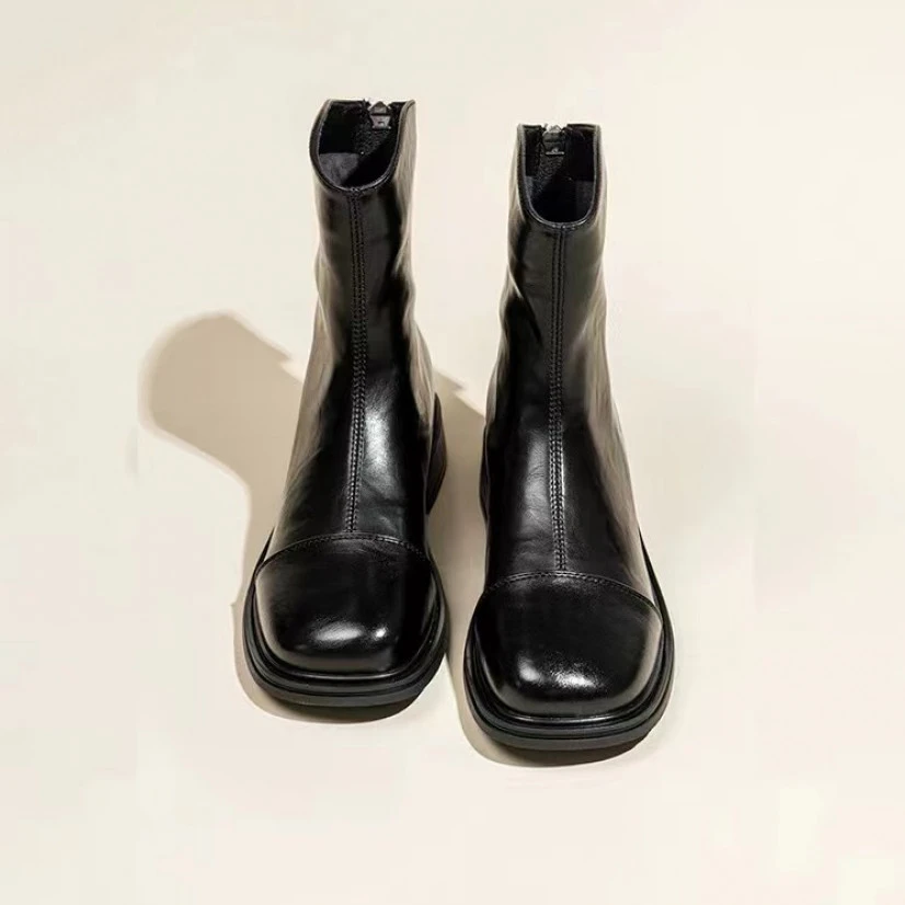 后拉链马丁靴-复古安格拉骑士靴百搭后拉链马丁靴女-8022