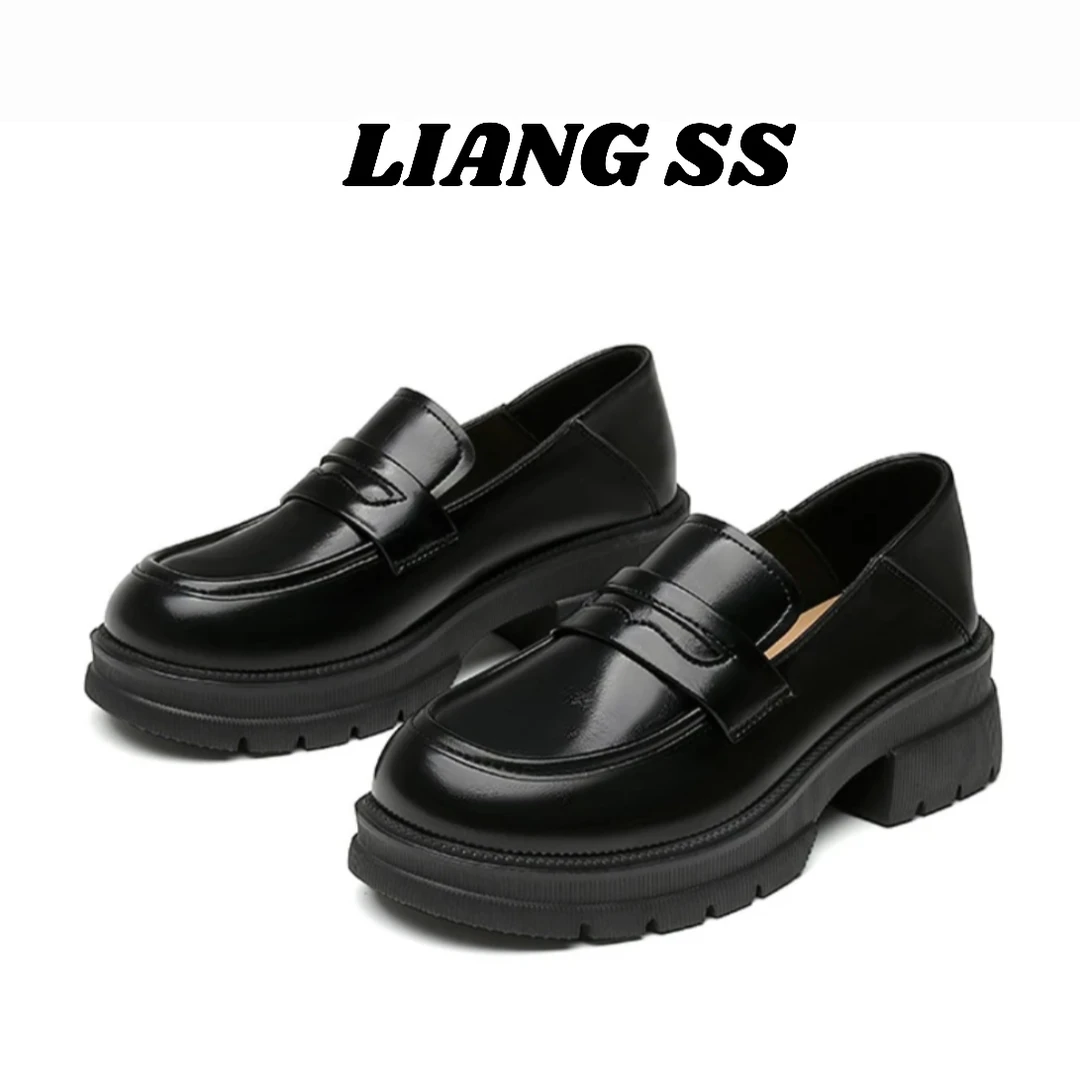 常规款乐福鞋-小皮鞋女2024秋新款粗跟单鞋黑色一脚蹬-H9011