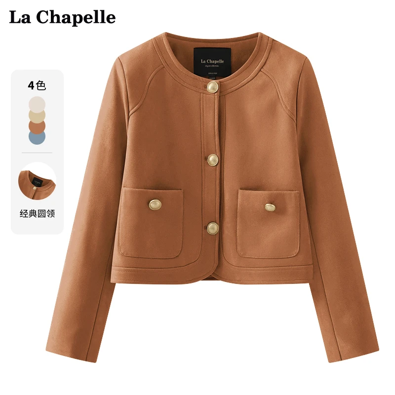 拉夏贝尔LaChapelle气质圆领垫肩金扣外套女时尚短款上衣秋季夹克