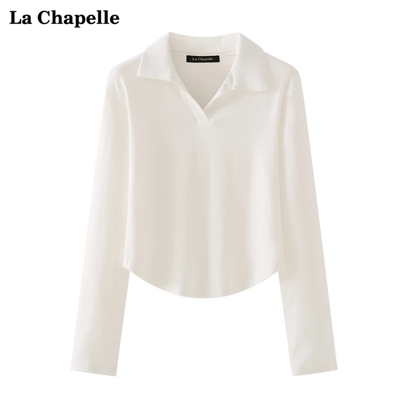 拉夏贝尔LaChapelle纯色Polo领长袖女气质百搭修身设计感上衣秋