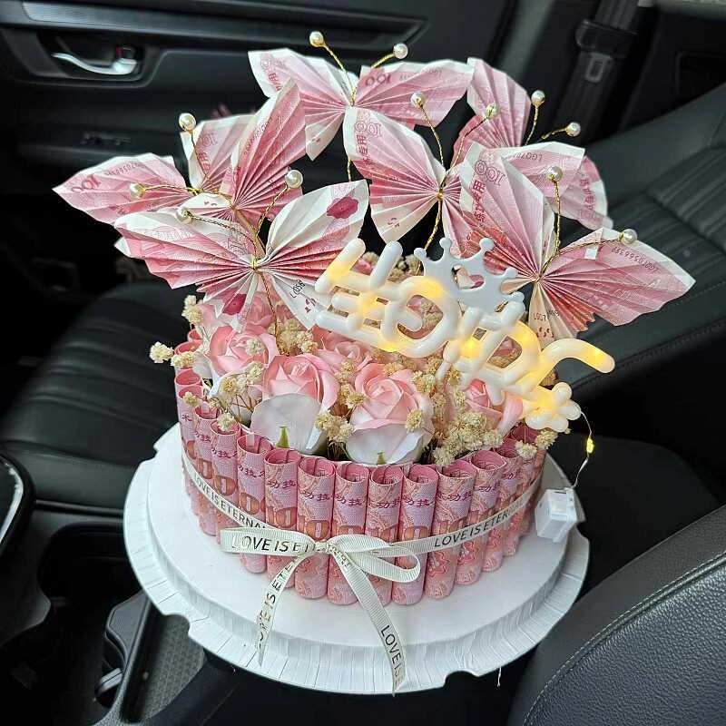 新款永生花蛋糕生日礼物送男女朋友手工制作材料网红蝴蝶有钱花盒