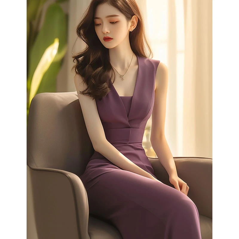 夏装气场强大法式高端精致气质名媛高级感显瘦紫色无袖西装连衣裙